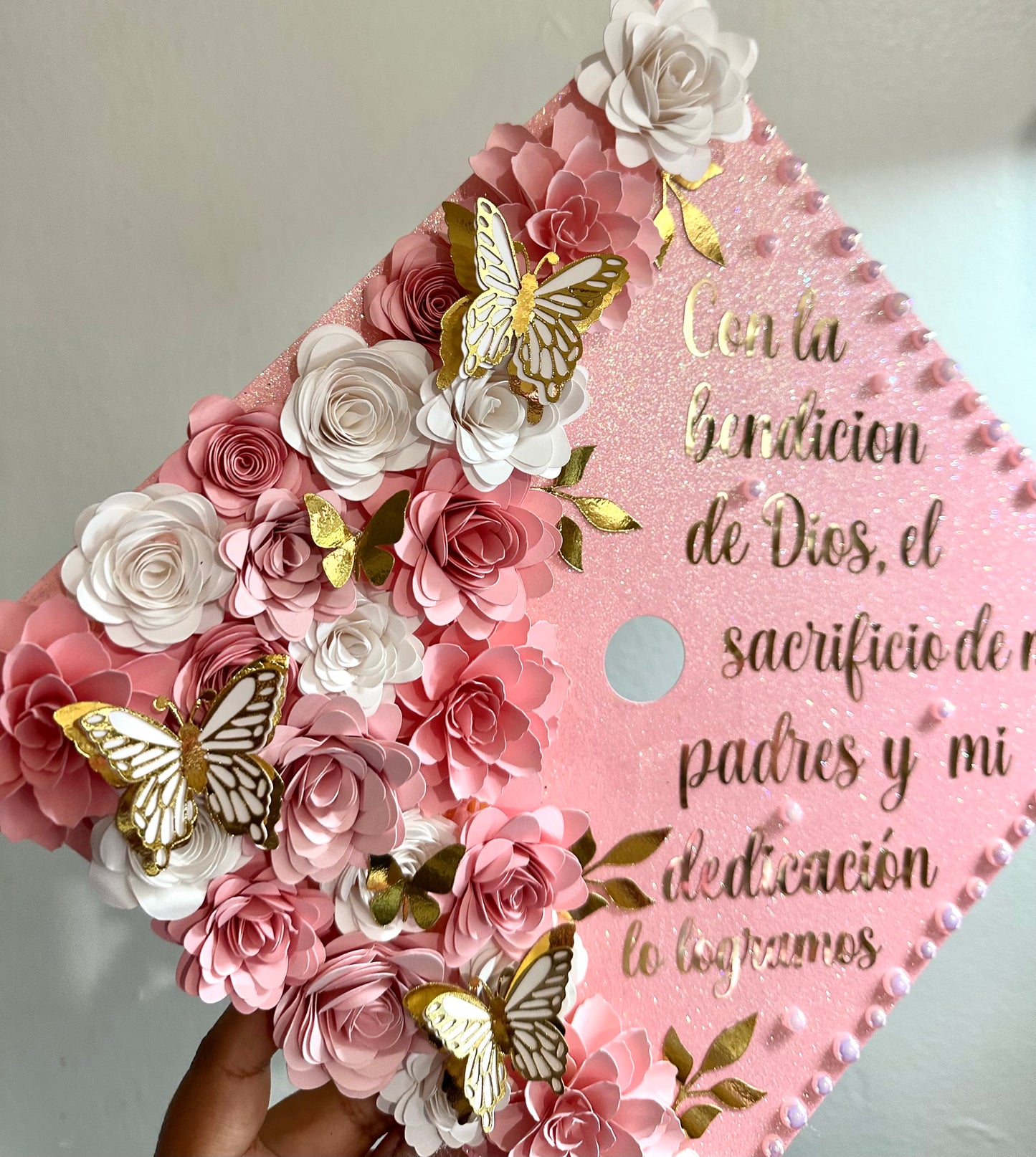 Light Glitter Pinks and White Floral Graduation Cap Topper