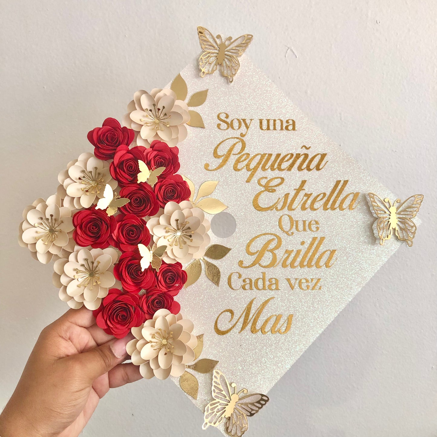 Beige and Red Floral Graduation Cap Topper