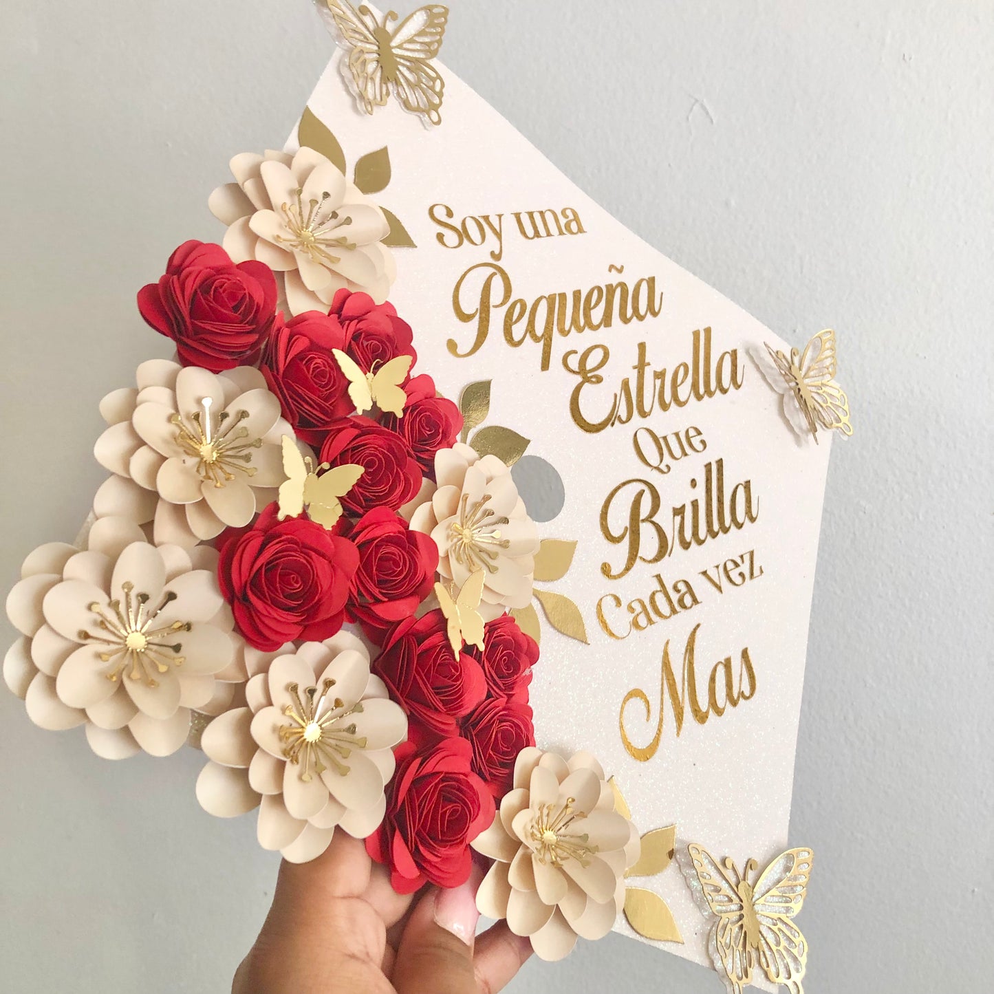 Beige and Red Floral Graduation Cap Topper