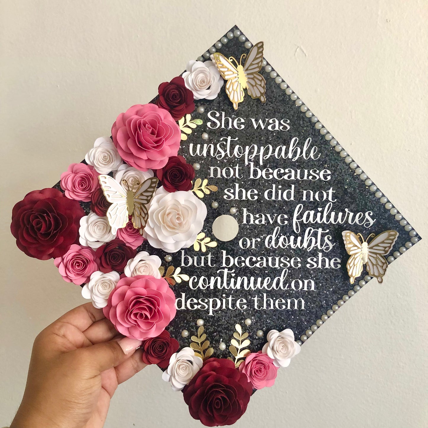 Deep Red and Pink Floral Graduation Cap Topper