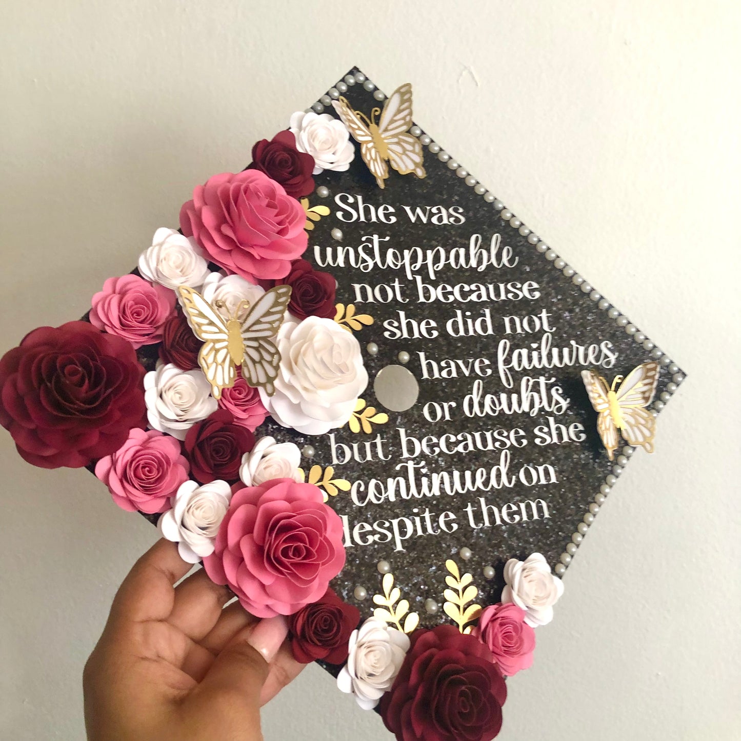 Deep Red and Pink Floral Graduation Cap Topper