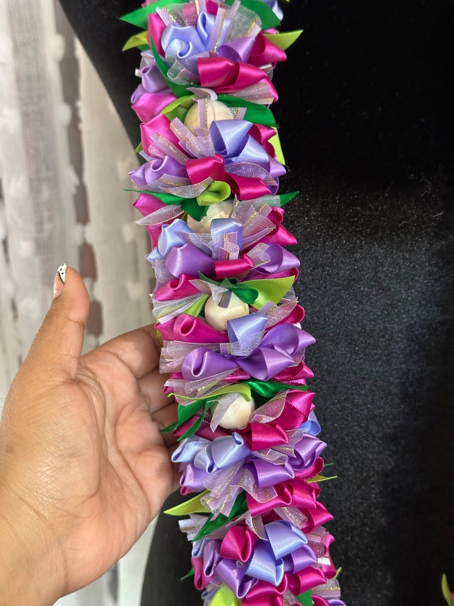 Purple and Fuchsia Pua Ribbon Floral Lei
