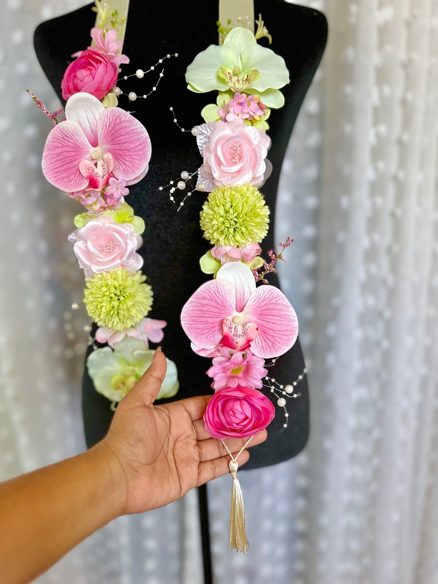 Pink and Green Orchid Floral Sash Custom Floral Graduation Sash with Acrylic Name Ends, Class of 2026 Lei, Coquette Graduation Sash, Personalized Grad Sash