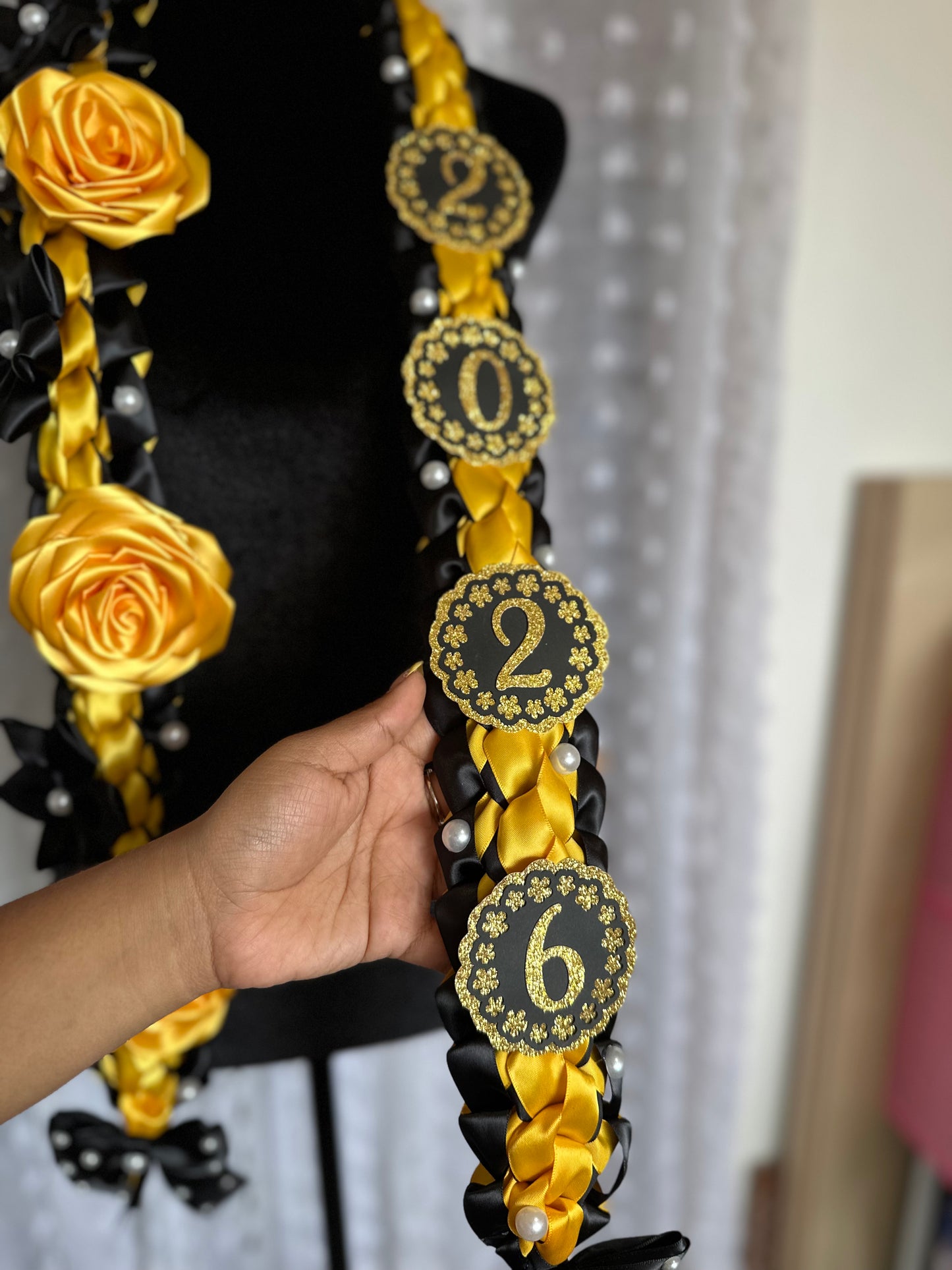 Black and Gold Satin Flowers Ribbon Graduation 2026 Lei CSLB, CSLA