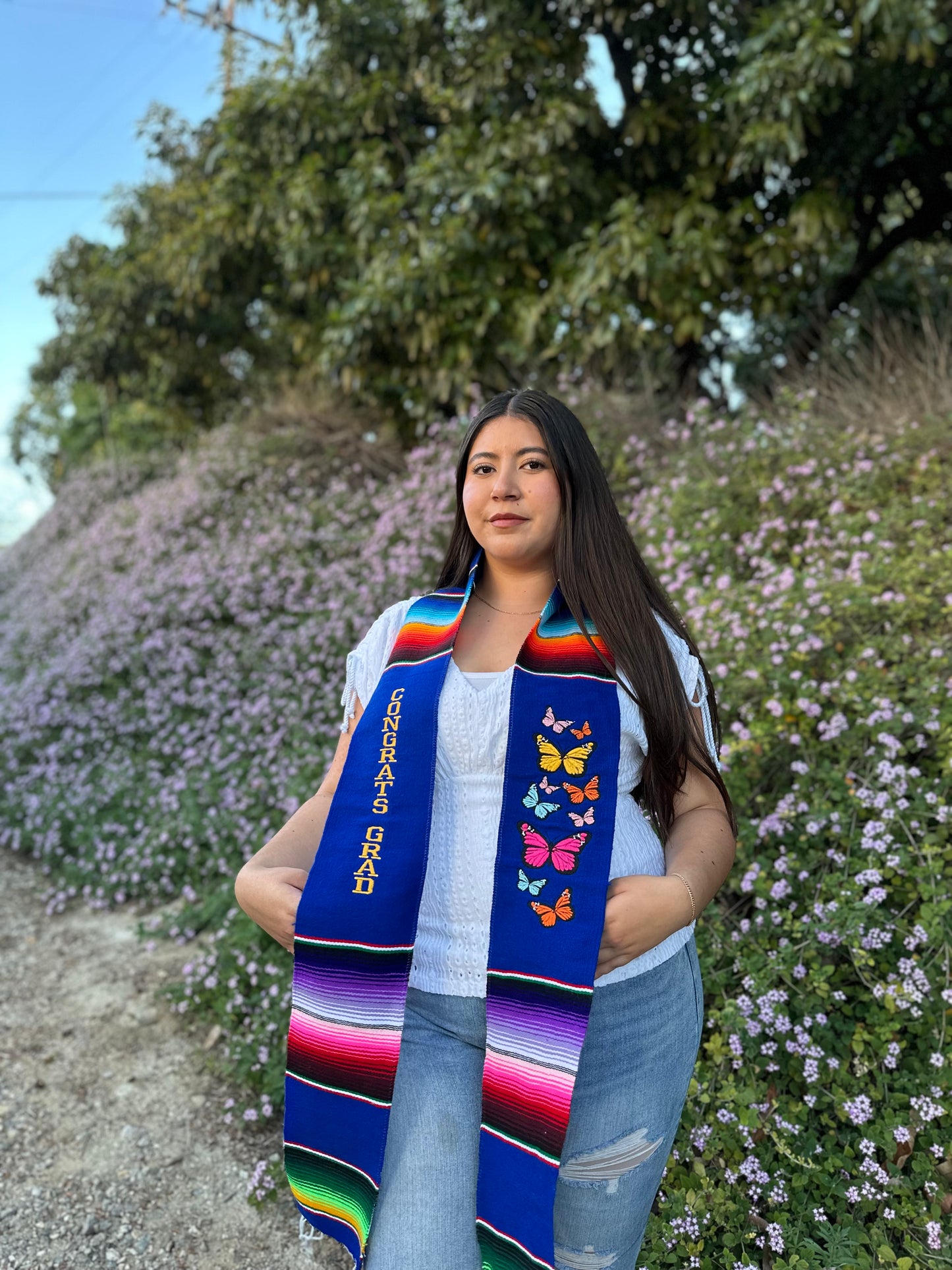 Navy Blue Congrats Grad Butterflies Sarape Stole