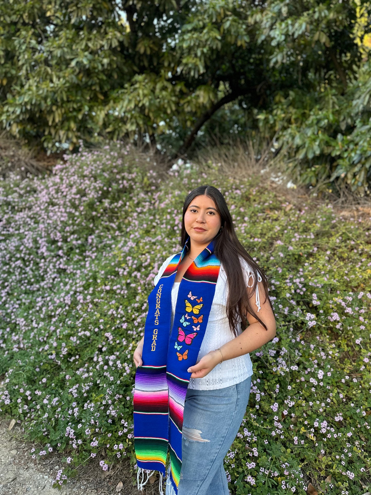 Navy Blue Congrats Grad Butterflies Sarape Stole
