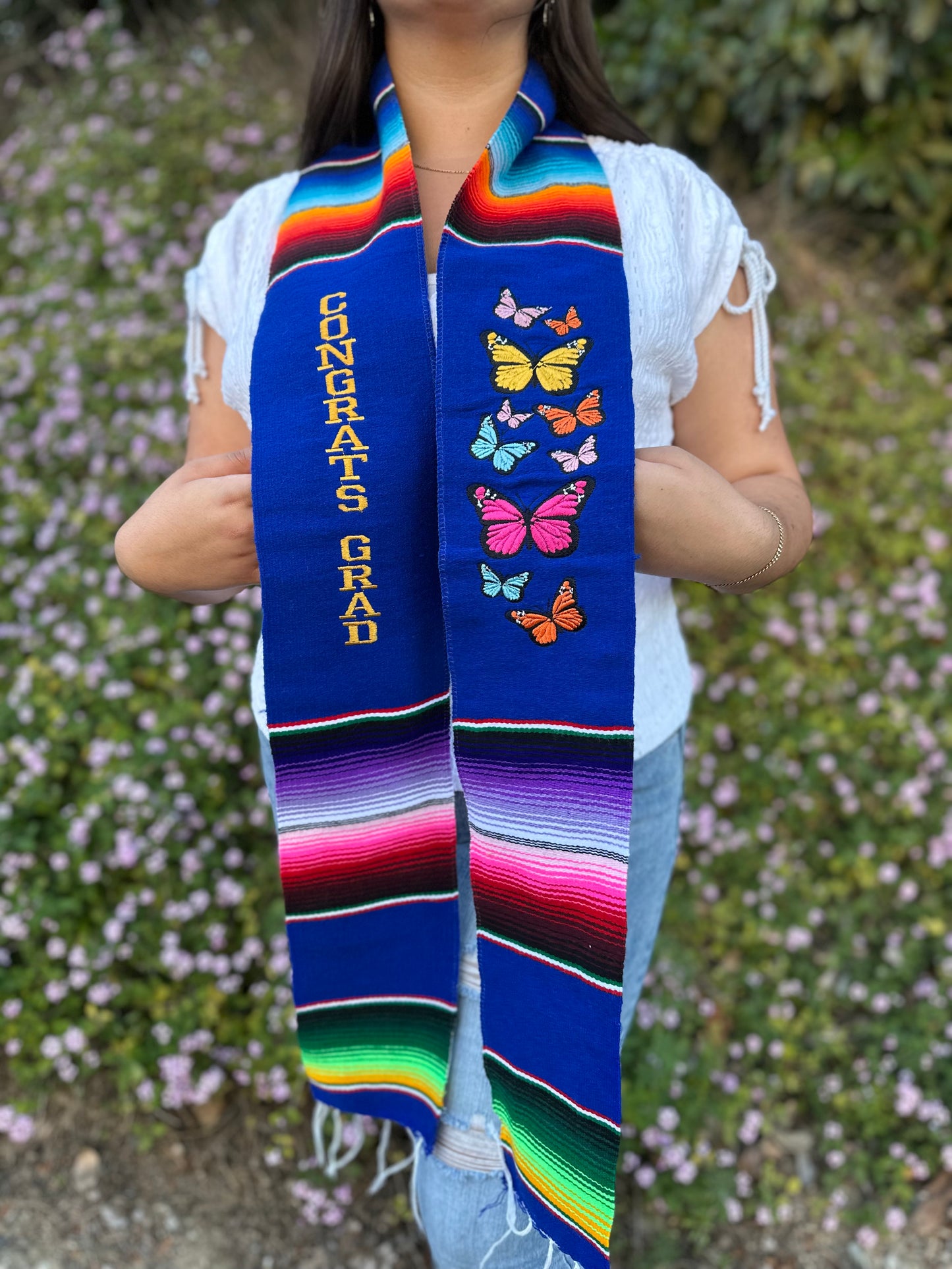 Navy Blue Congrats Grad Butterflies Sarape Stole