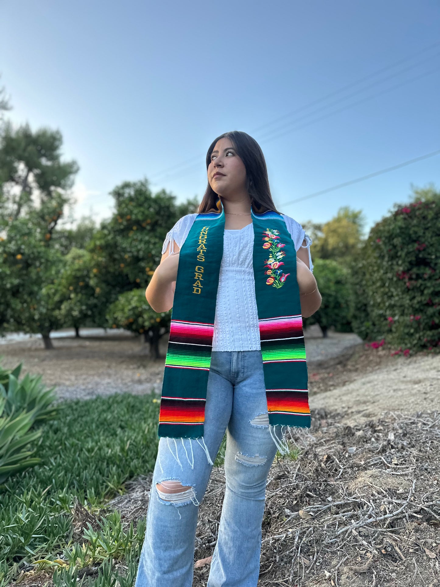 Emerald Green Floral Congrats Grad Sarape Stole