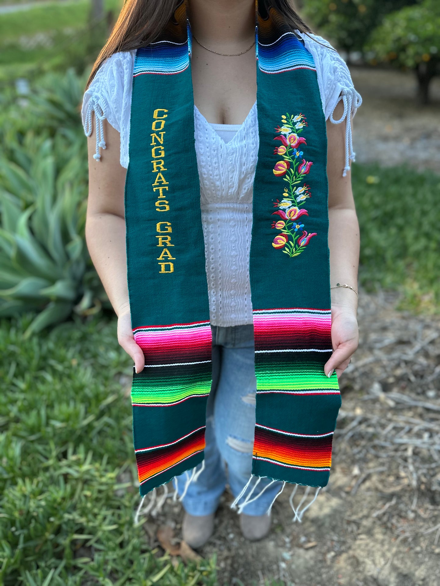 Emerald Green Floral Congrats Grad Sarape Stole