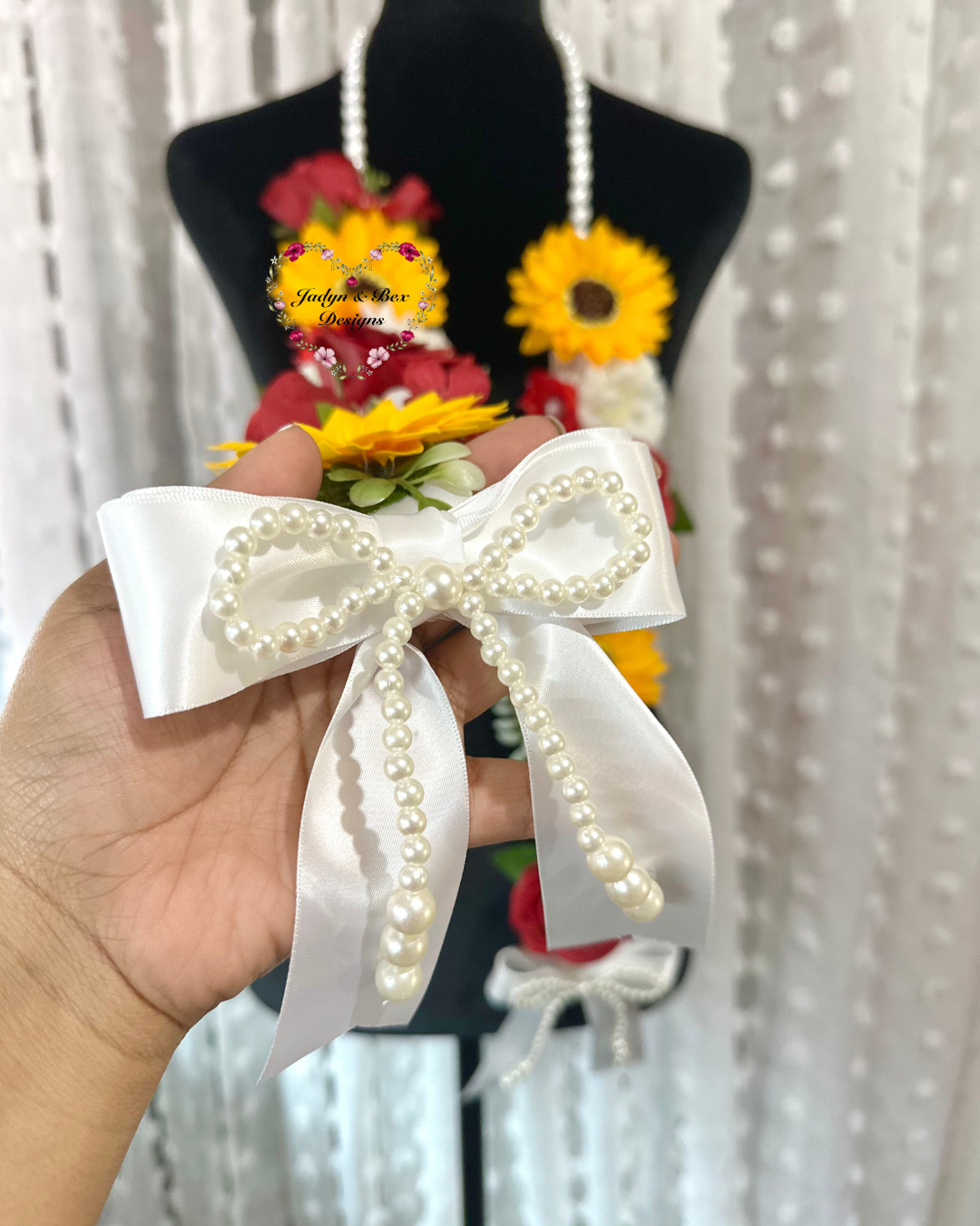 Floral Graduation Lei - Sunflower & Red Roses Floral Graduation Lei - Pearl Neckline Detail