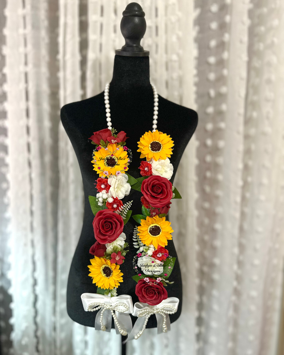 Floral Graduation Lei - Sunflower & Red Roses Floral Graduation Lei - Pearl Neckline Detail
