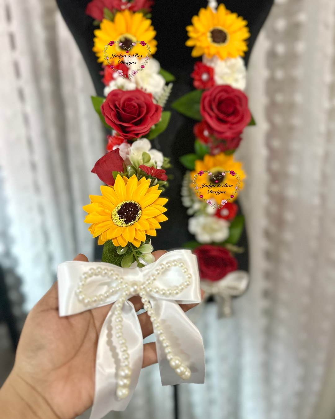 Floral Graduation Lei - Sunflower & Red Roses Floral Graduation Lei - Pearl Neckline Detail