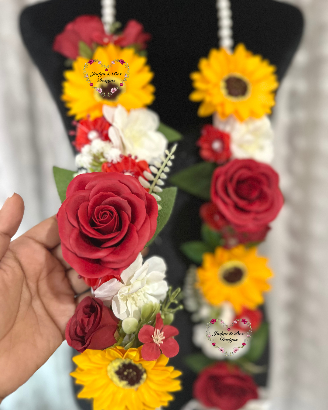 Floral Graduation Lei - Sunflower & Red Roses Floral Graduation Lei - Pearl Neckline Detail