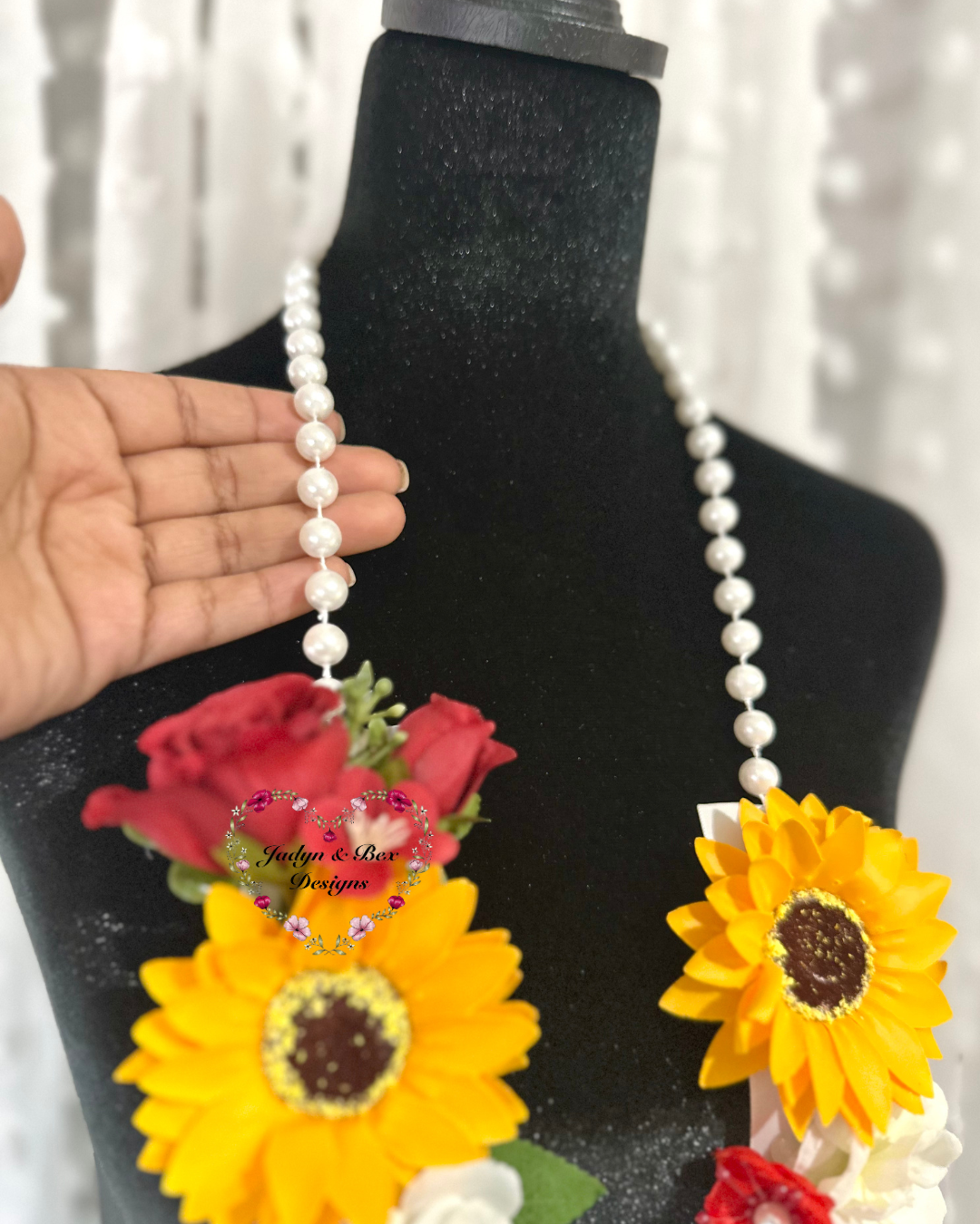 Floral Graduation Lei - Sunflower & Red Roses Floral Graduation Lei - Pearl Neckline Detail