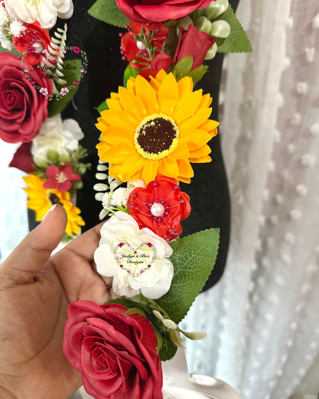 Floral Graduation Lei - Sunflower & Red Roses Floral Graduation Lei - Pearl Neckline Detail