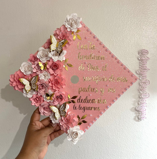 Light Glitter Pinks and White Floral Graduation Cap Topper