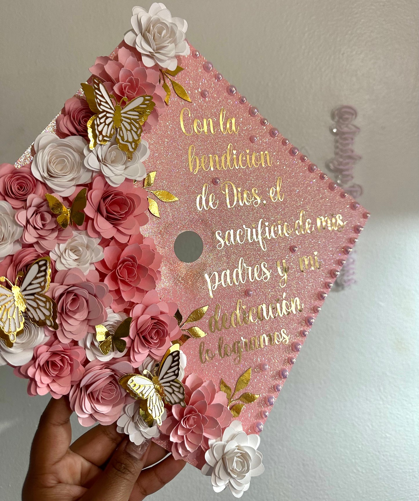 Light Glitter Pinks and White Floral Graduation Cap Topper