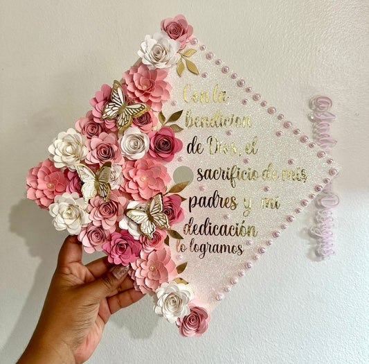 White & Pink Floral Graduation Cap