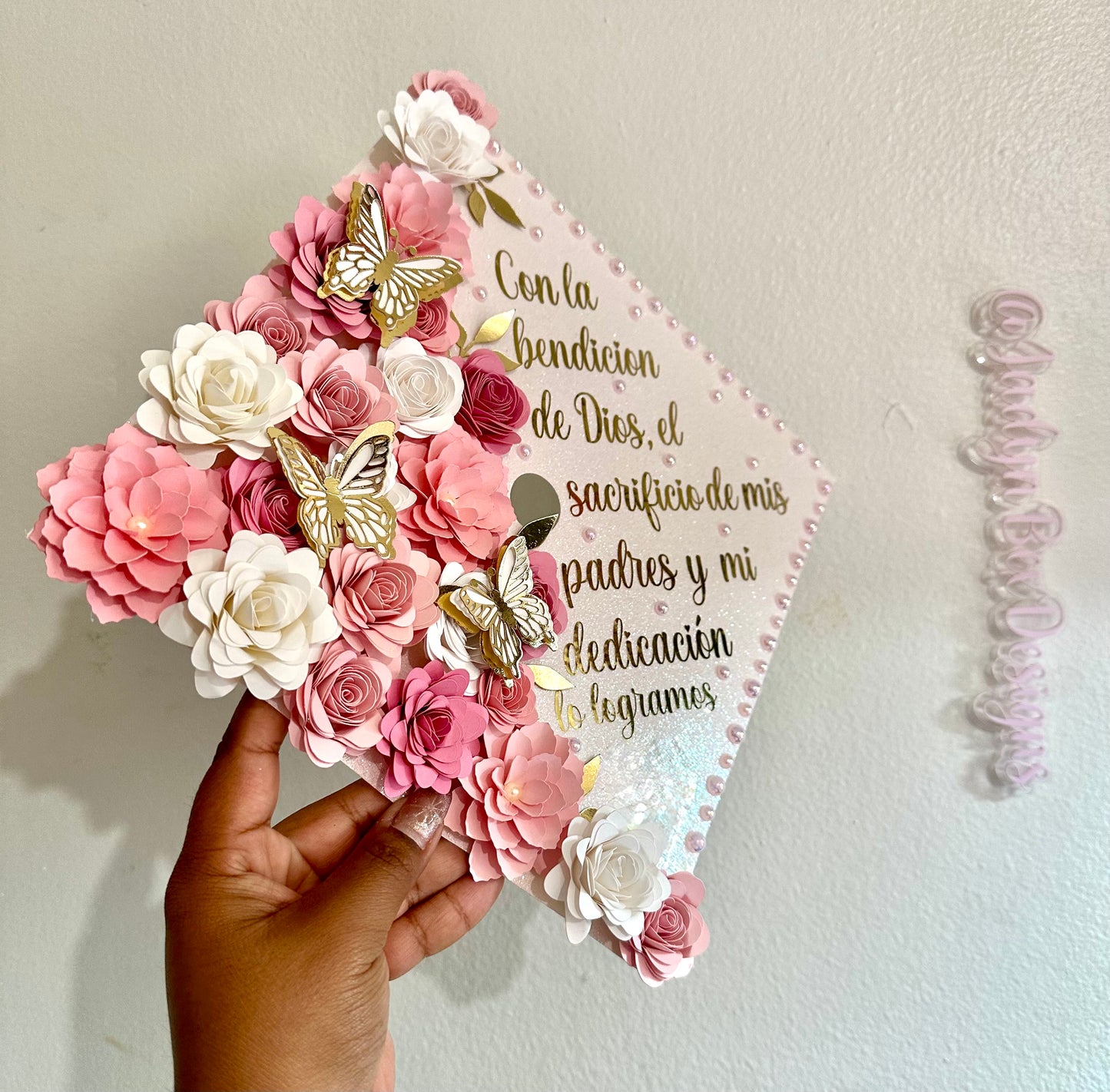 White & Pink Floral Graduation Cap