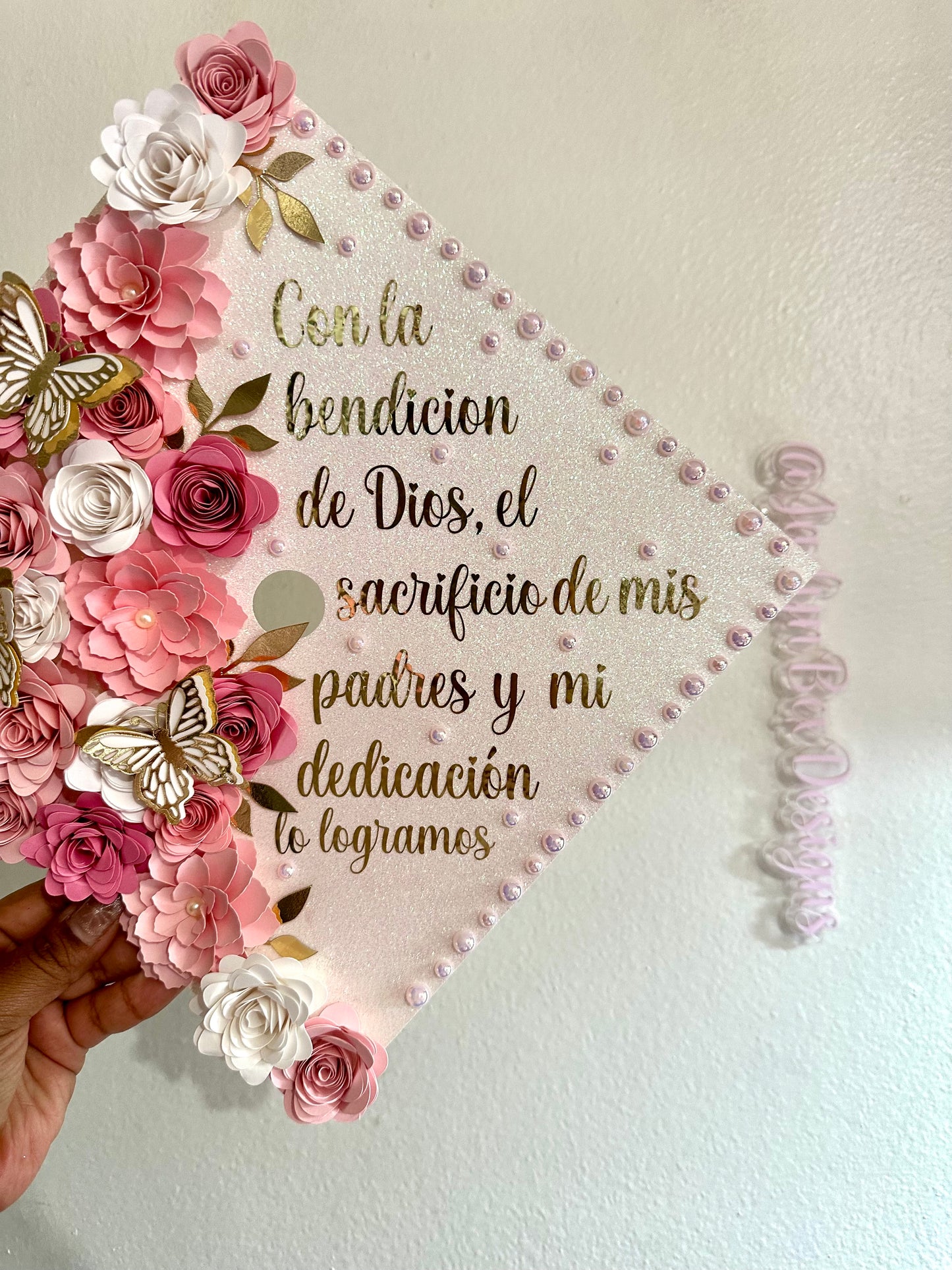 White & Pink Floral Graduation Cap