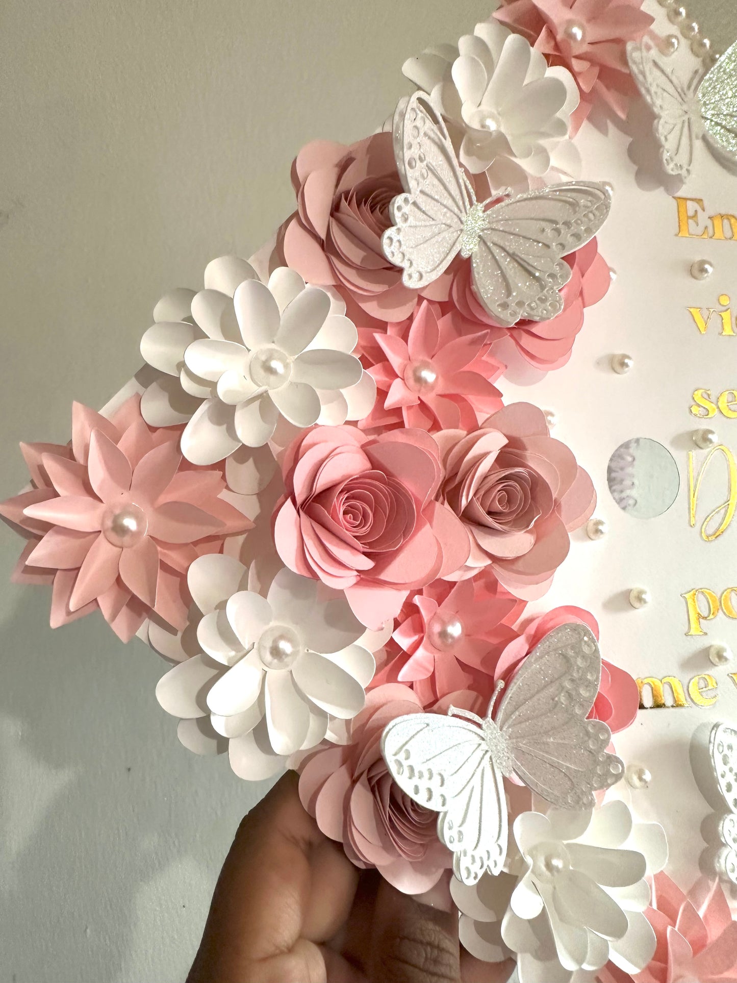 Matte White, Gold & Pink Graduation Cap Topper