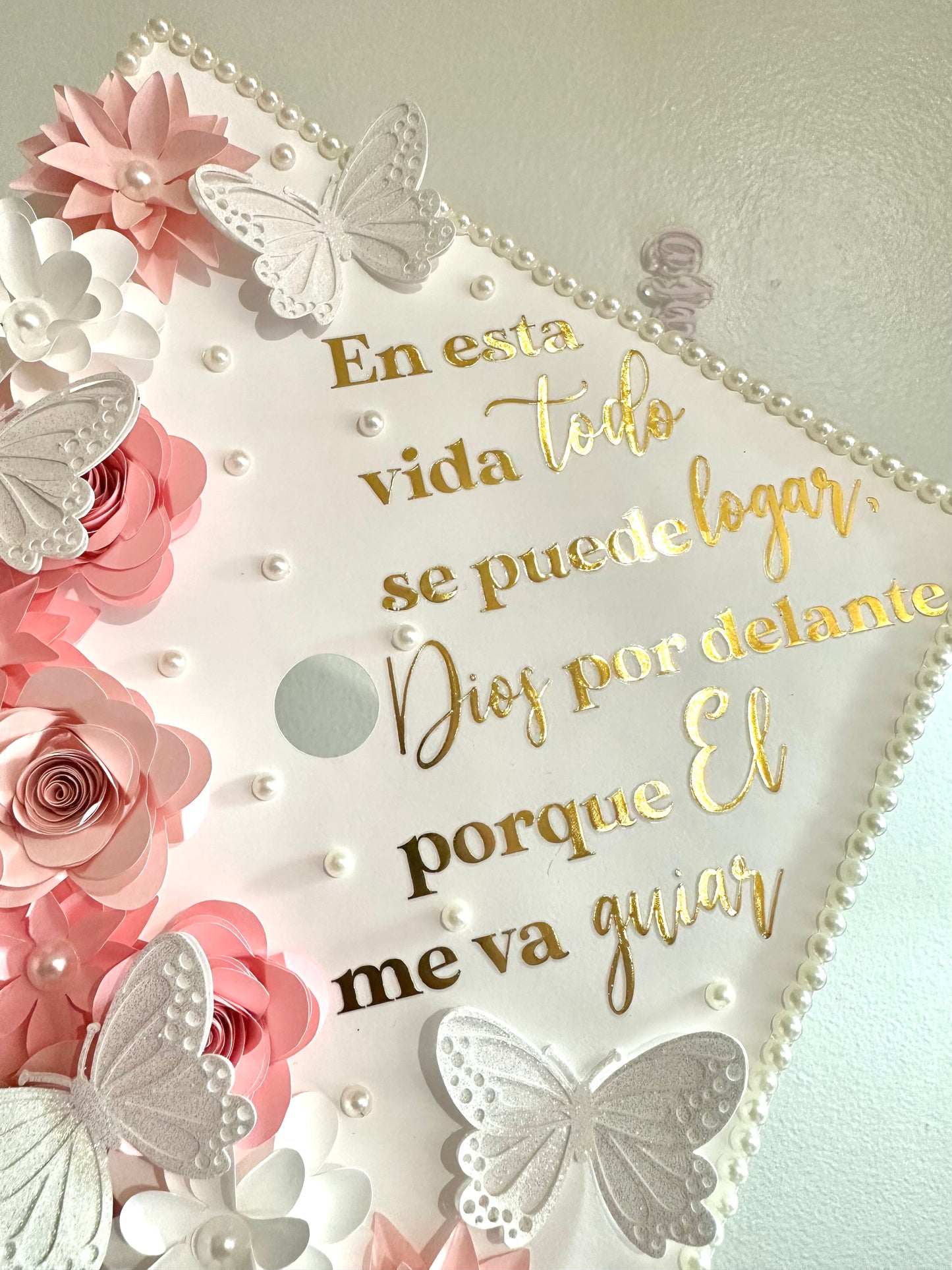 Matte White, Gold & Pink Graduation Cap Topper