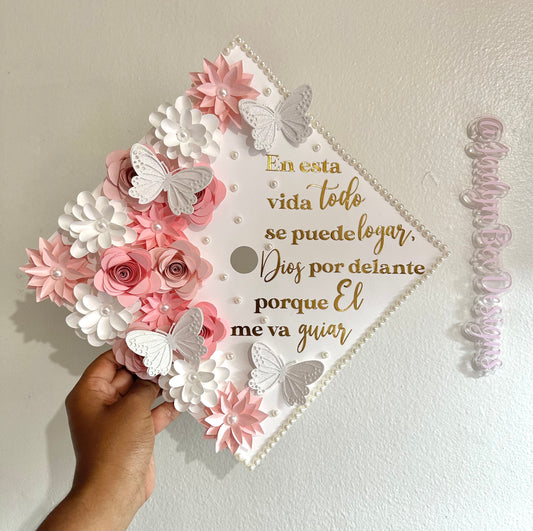 Matte White, Gold & Pink Graduation Cap Topper