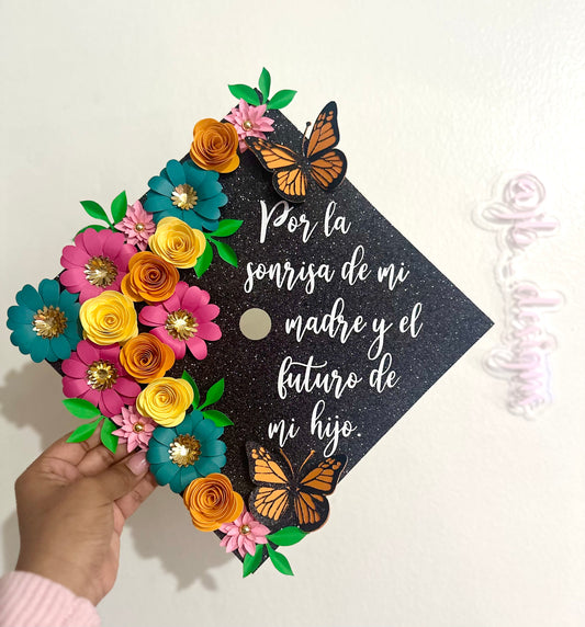 Spring Floral Monarch Butterfly Graduation Cap Topper