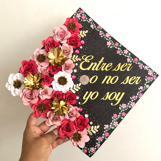 Black and Pink Floral Beaded Graduation Cap Topper