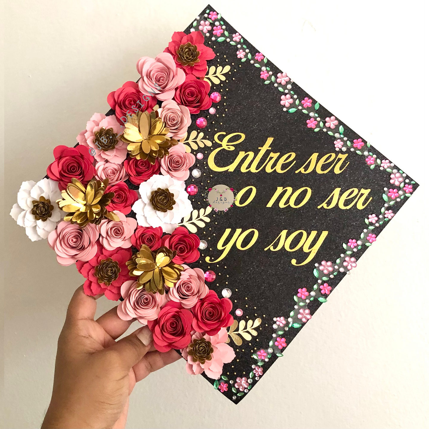 Black and Pink Floral Beaded Graduation Cap Topper