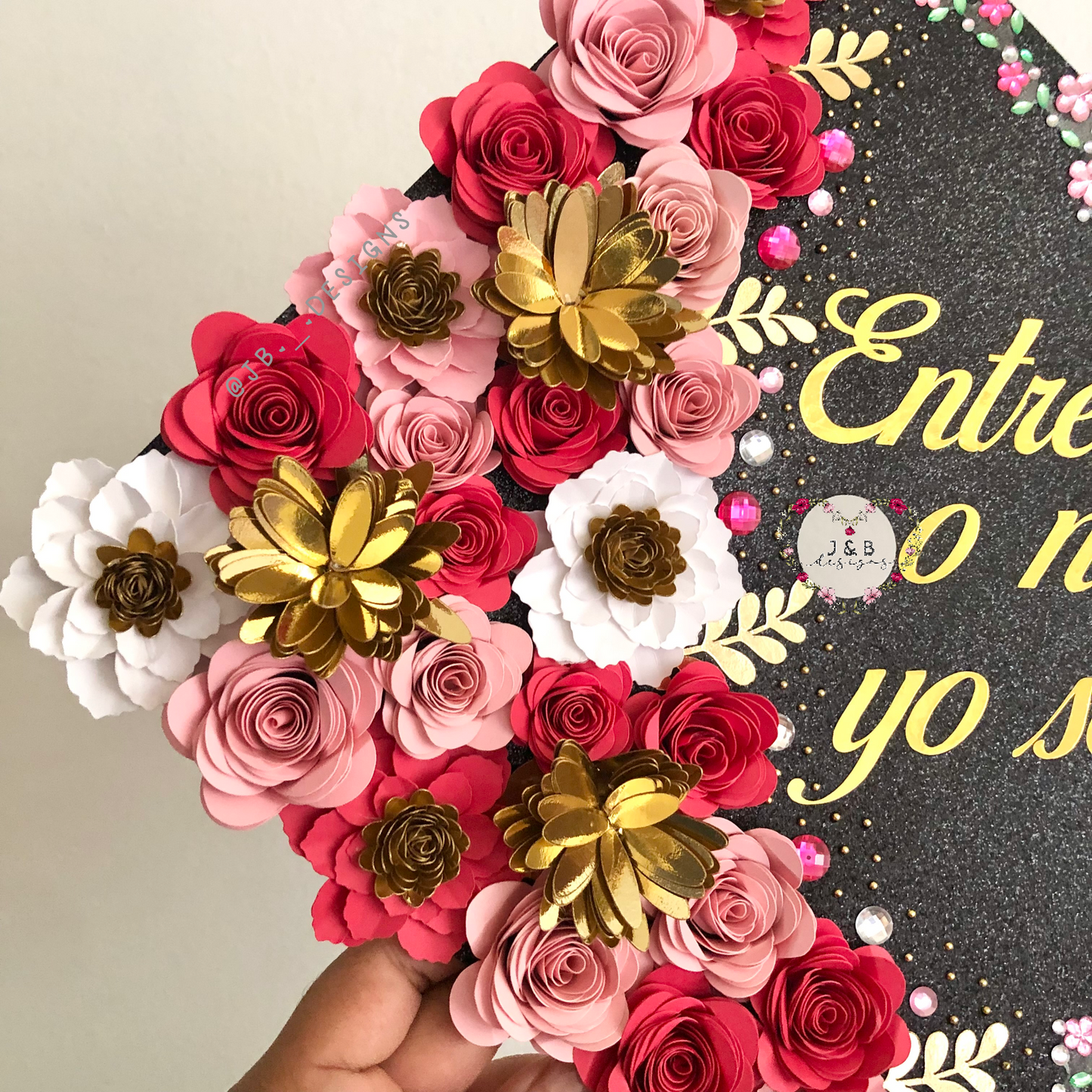 Black and Pink Floral Beaded Graduation Cap Topper
