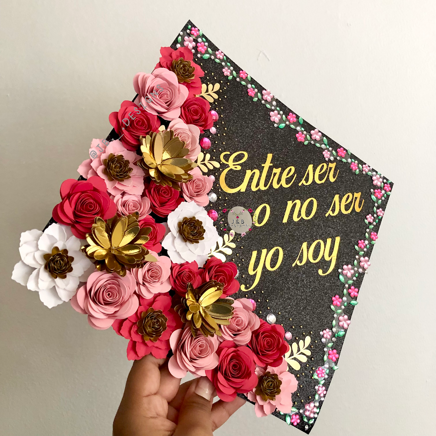 Black and Pink Floral Beaded Graduation Cap Topper