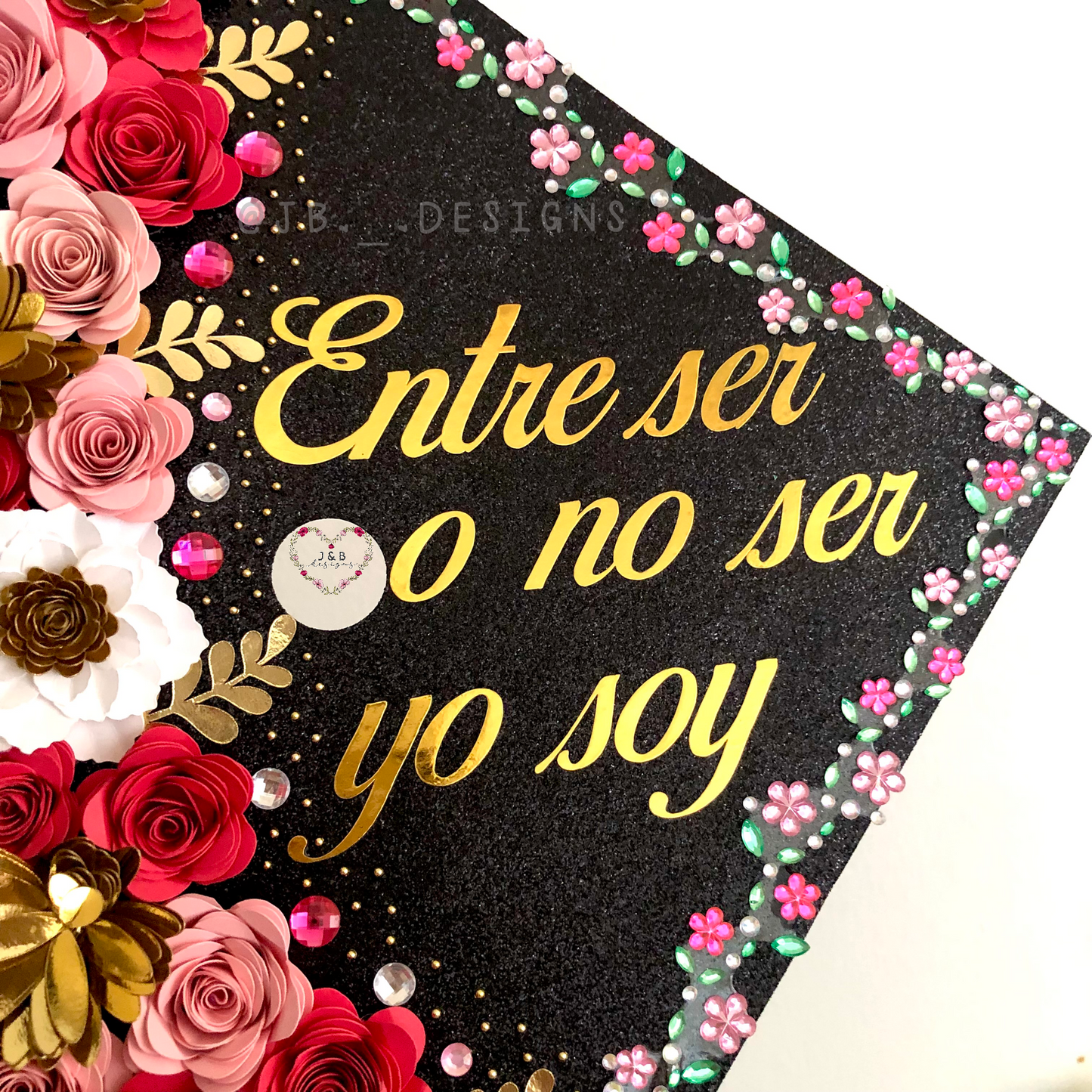 Black and Pink Floral Beaded Graduation Cap Topper