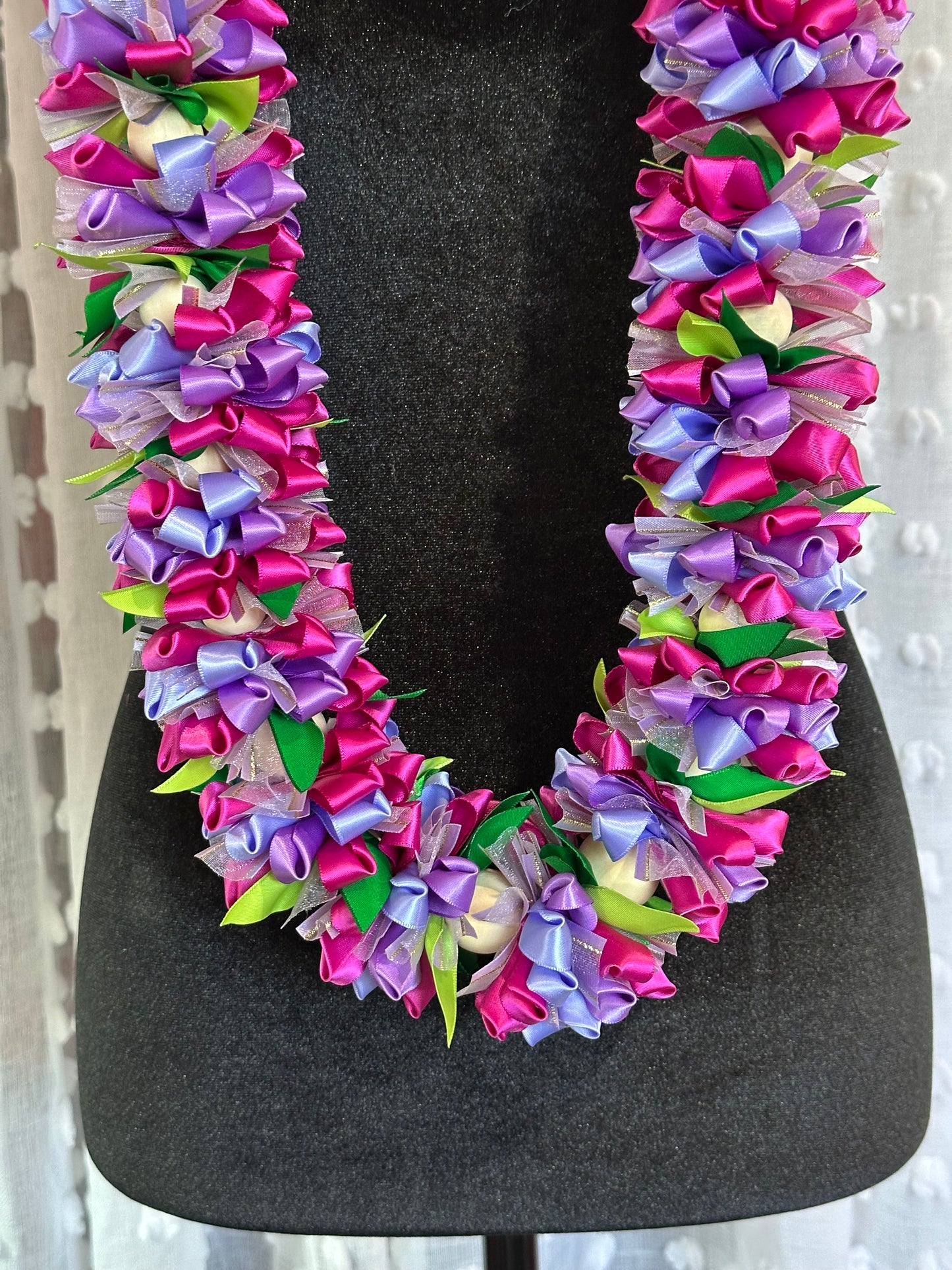 Purple and Fuchsia Pua Ribbon Floral Lei