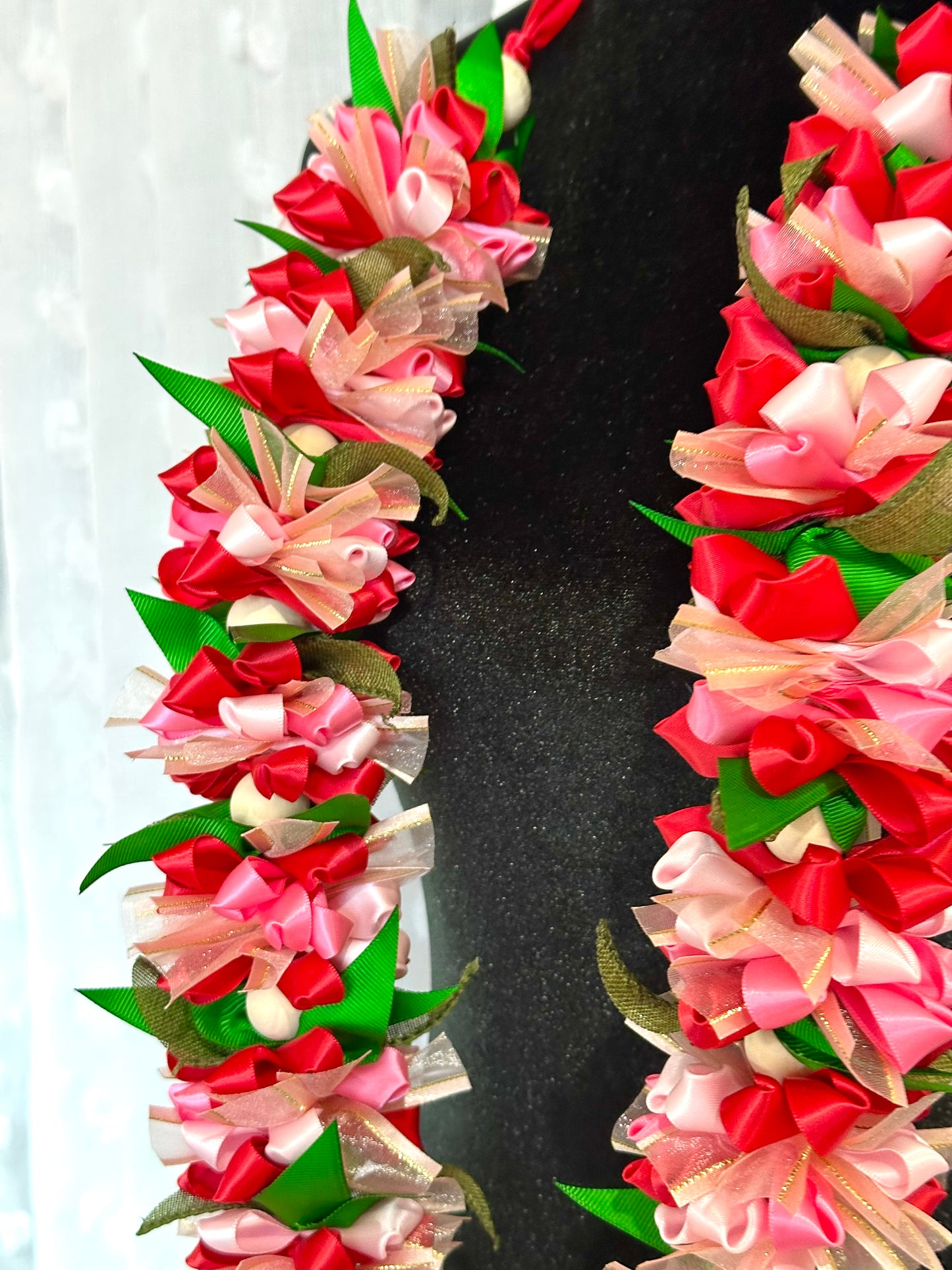 Pink and Red Pua Ribbon Lei