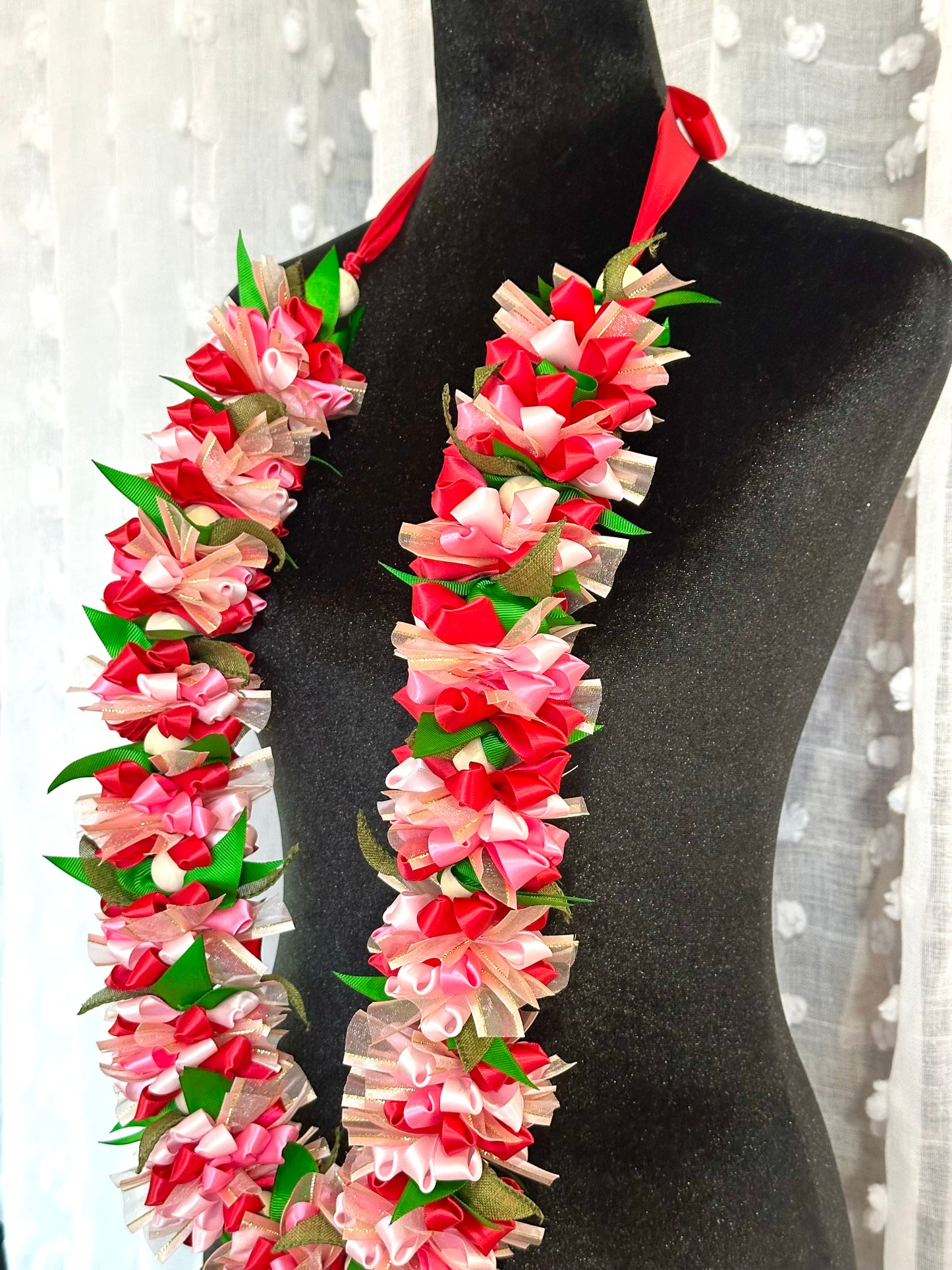 Pink and Red Pua Ribbon Lei