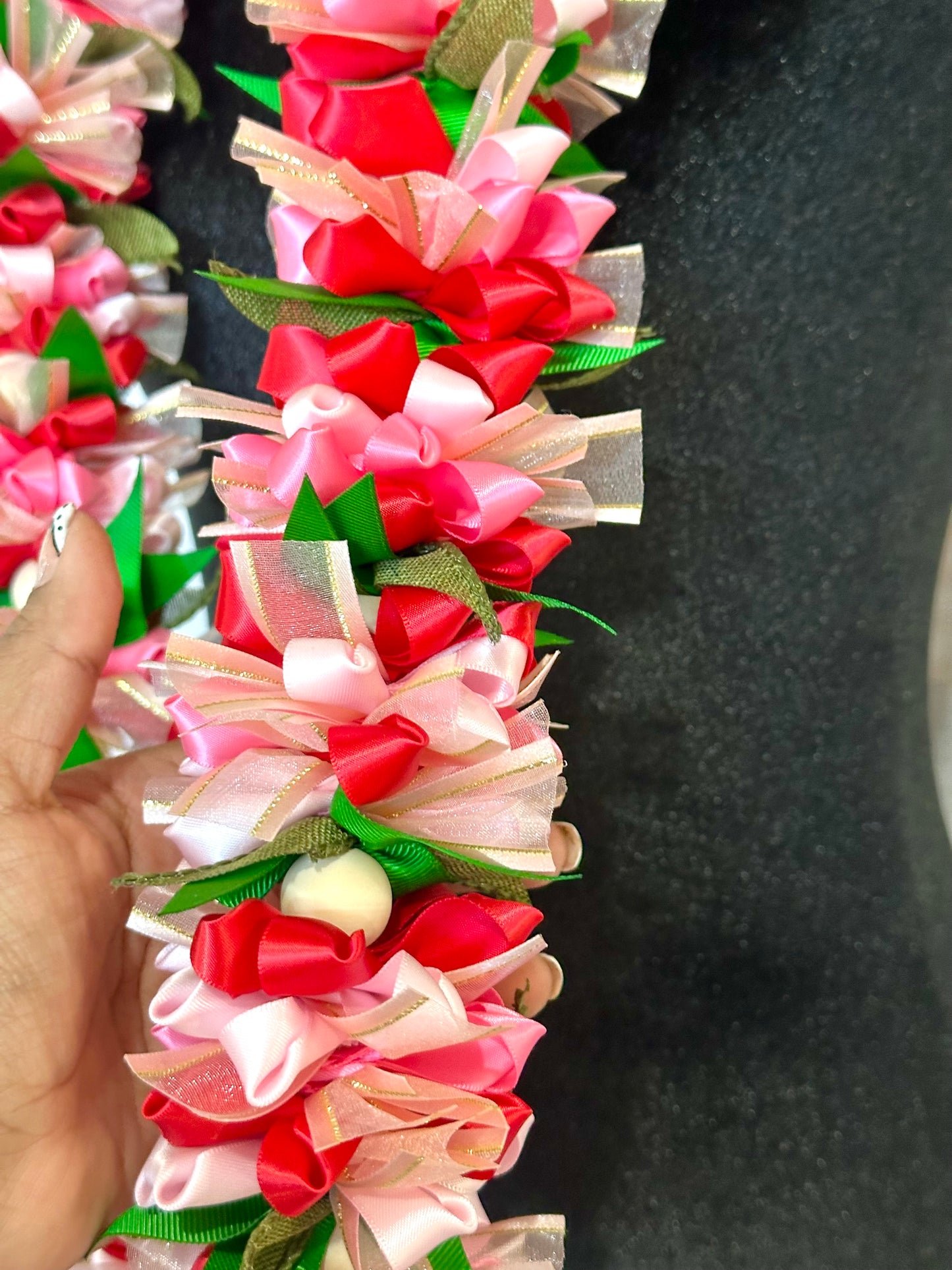 Pink and Red Pua Ribbon Lei