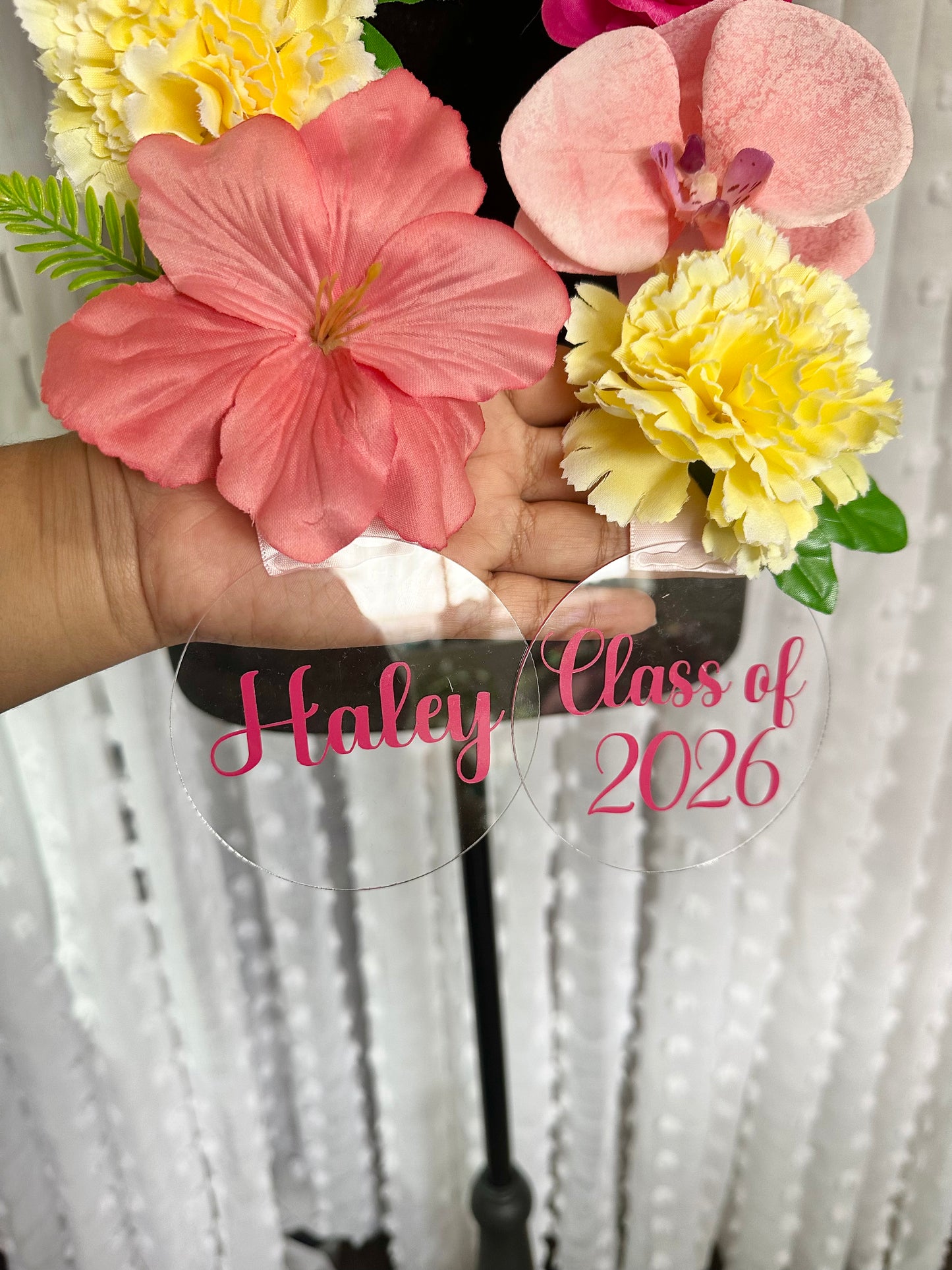 Pink and Green Orchid Floral Sash Custom Floral Graduation Sash with Acrylic Name Ends, Class of 2026 Lei, Coquette Graduation Sash, Personalized Grad Sash