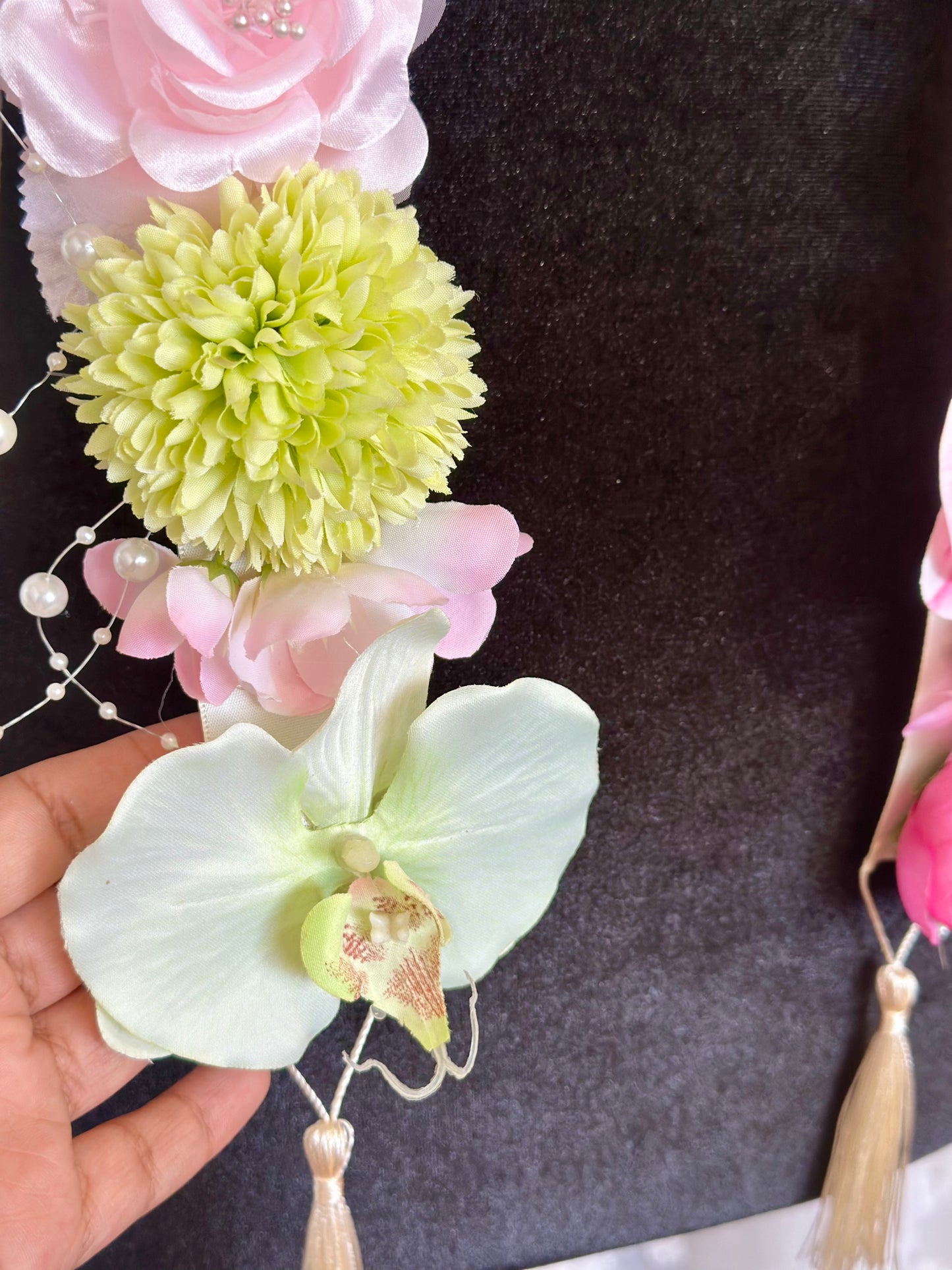 Pink and Green Orchid Floral Sash Custom Floral Graduation Sash with Acrylic Name Ends, Class of 2026 Lei, Coquette Graduation Sash, Personalized Grad Sash