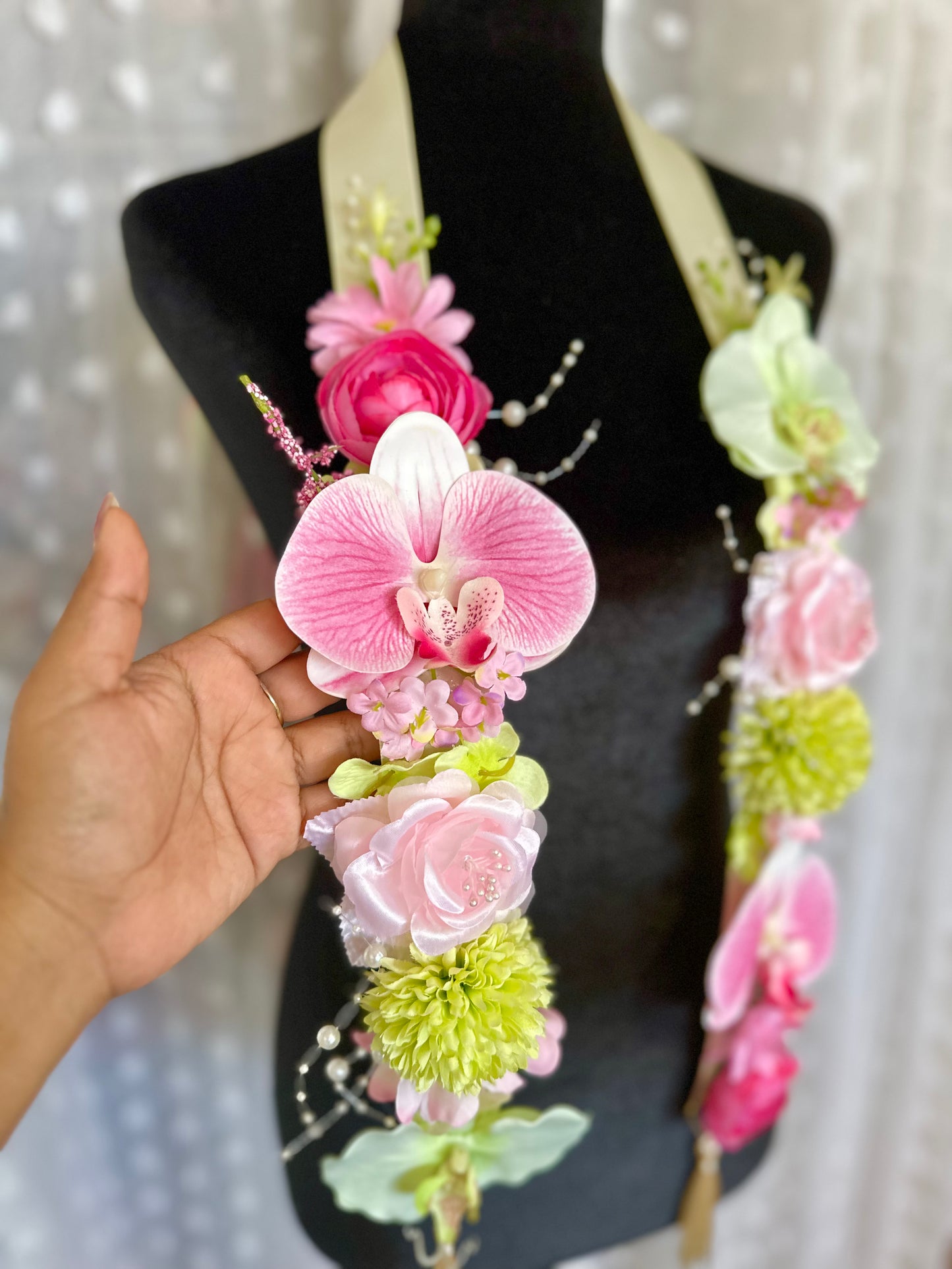 Pink and Green Orchid Floral Sash Custom Floral Graduation Sash with Acrylic Name Ends, Class of 2026 Lei, Coquette Graduation Sash, Personalized Grad Sash