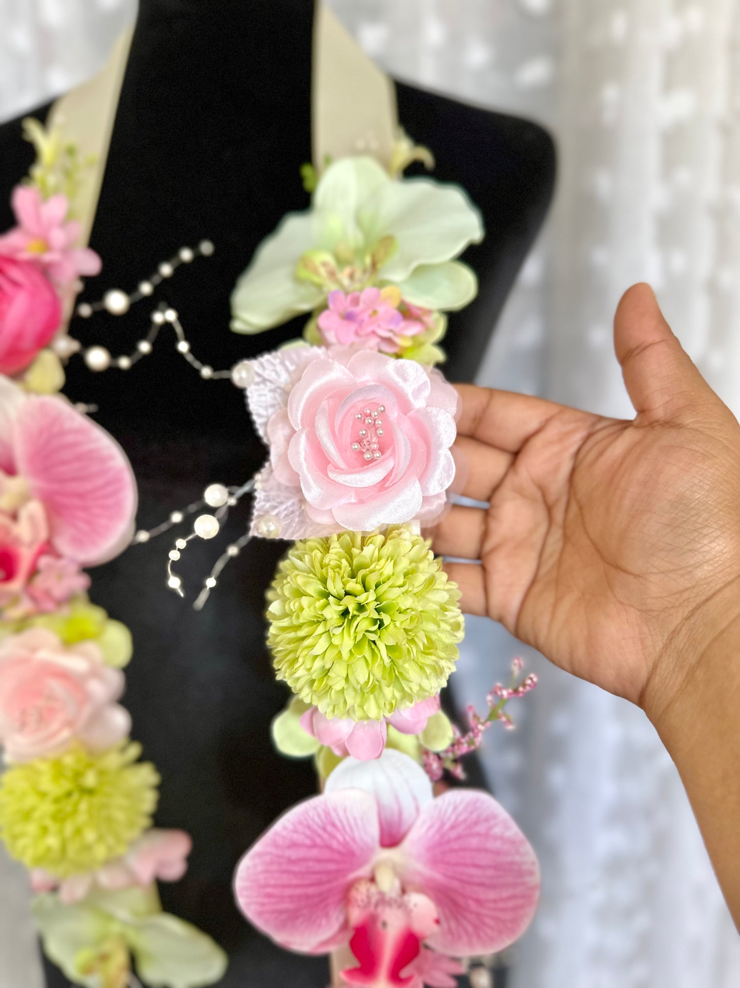 Pink and Green Orchid Floral Sash Custom Floral Graduation Sash with Acrylic Name Ends, Class of 2026 Lei, Coquette Graduation Sash, Personalized Grad Sash