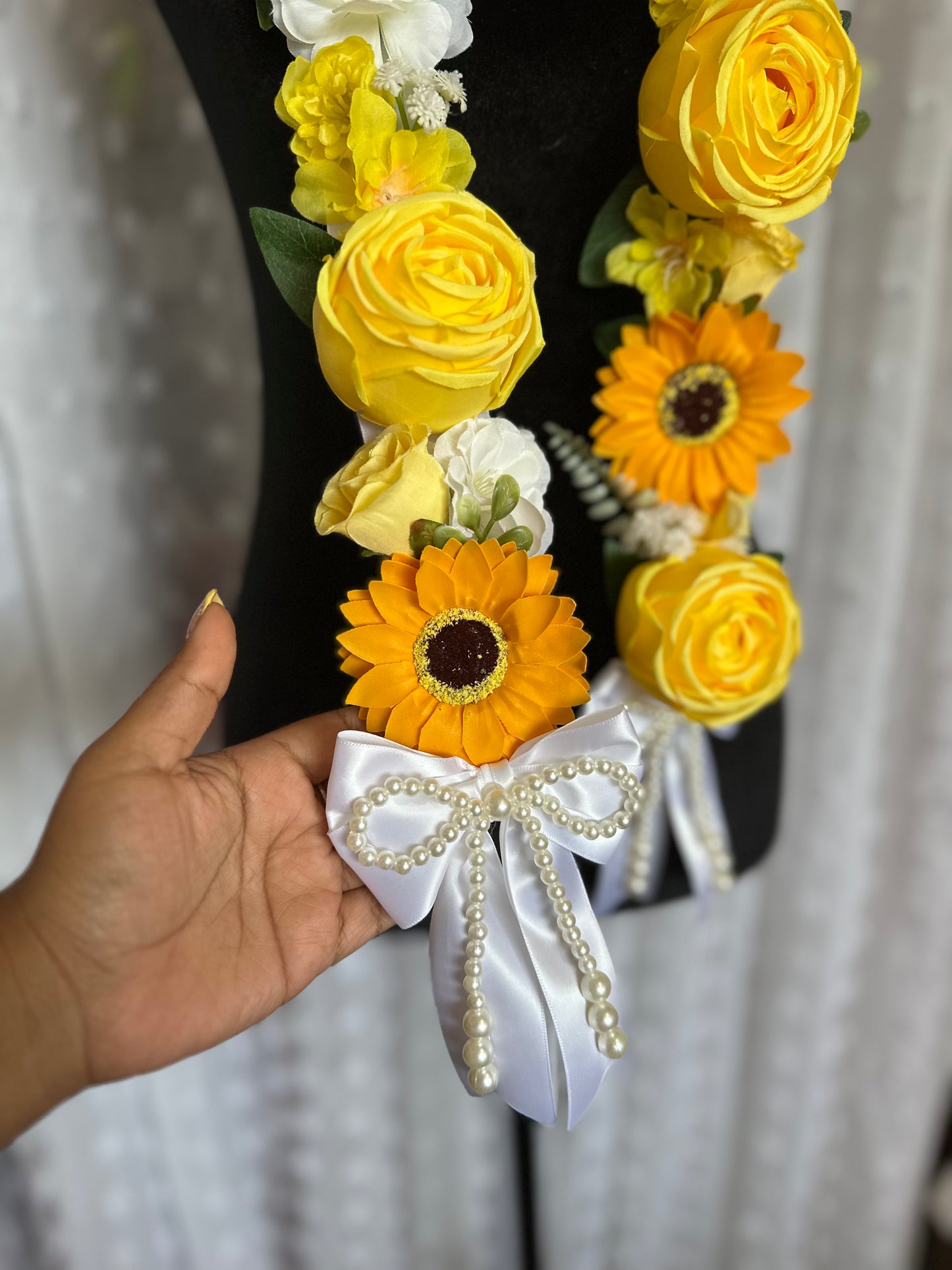 Floral Graduation Lei - Sunflower & Yellow Florall Graduation Lei - Pearl Neckline Detail