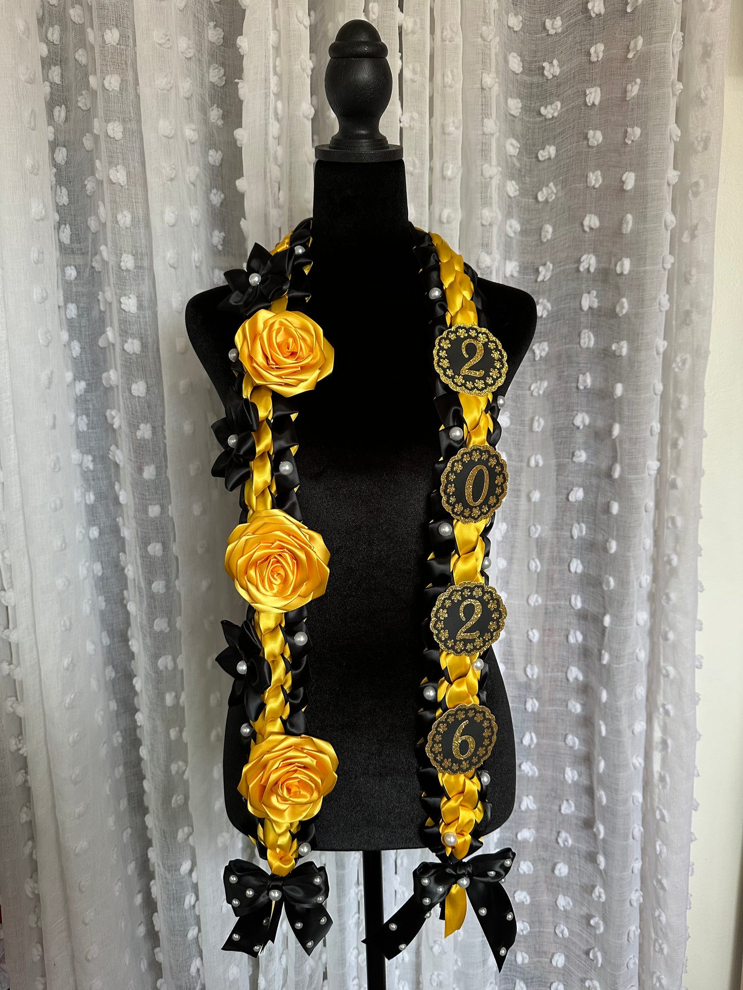 Black and Gold Satin Flowers Ribbon Graduation 2026 Lei CSLB, CSLA