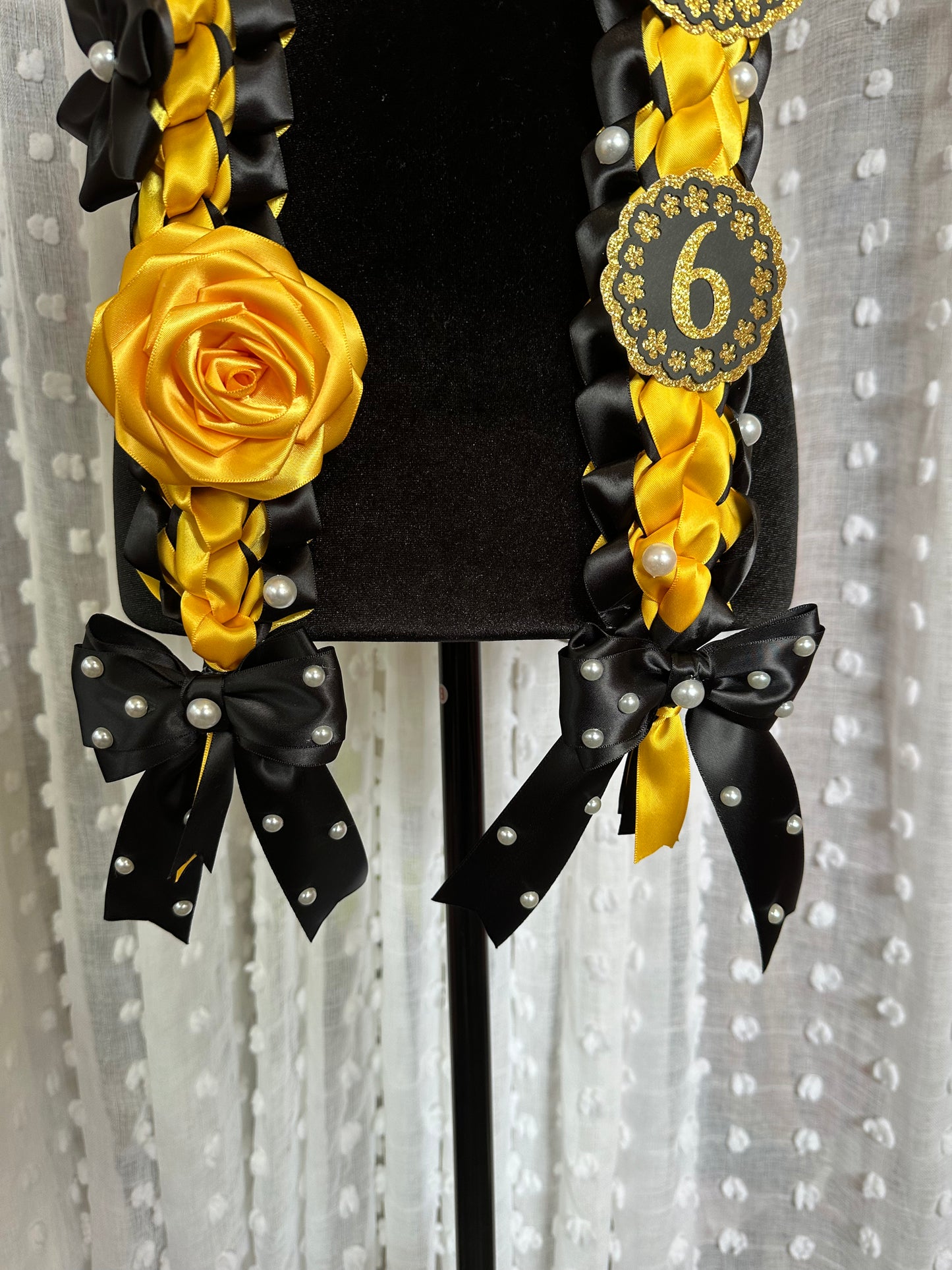 Black and Gold Satin Flowers Ribbon Graduation 2026 Lei CSLB, CSLA