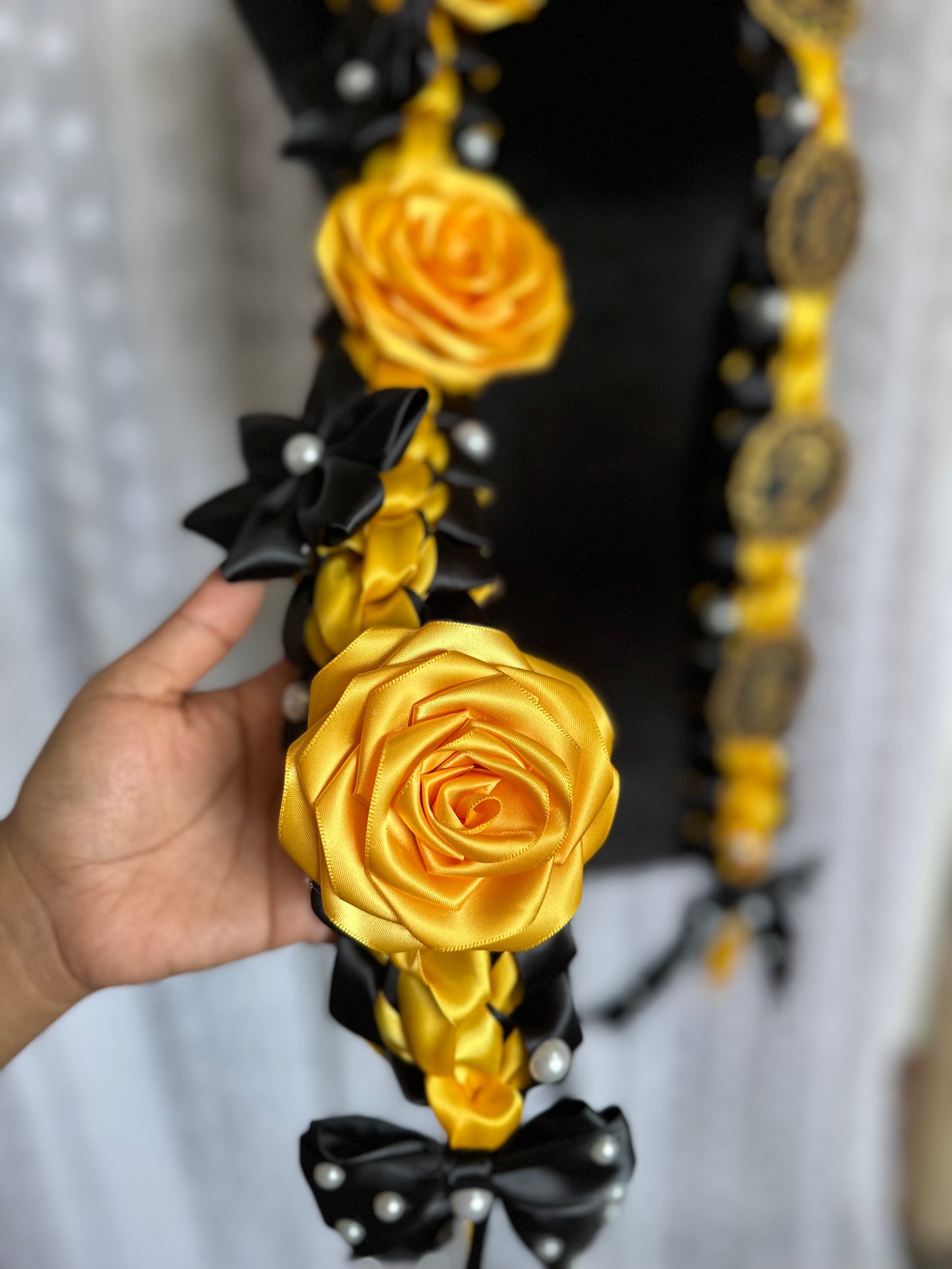Black and Gold Satin Flowers Ribbon Graduation 2026 Lei CSLB, CSLA